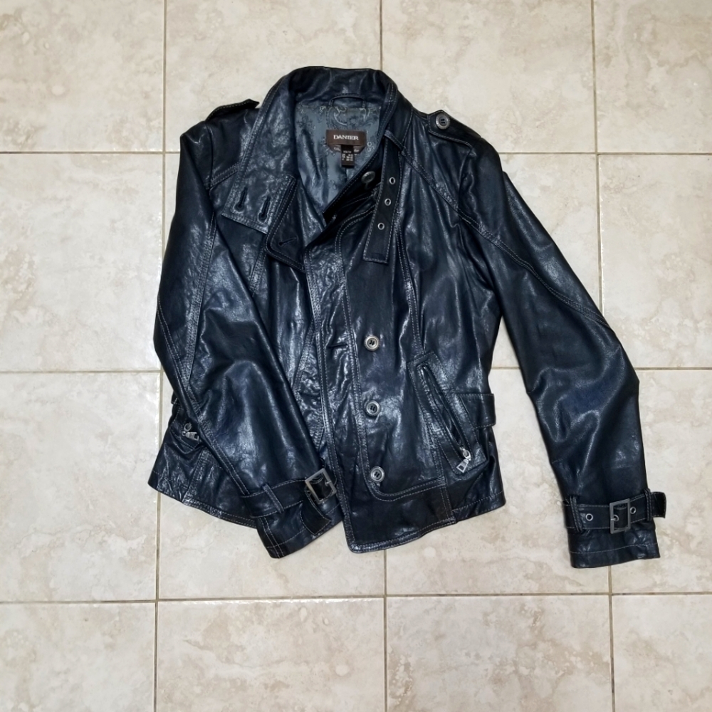 Black Danier Fitted Leather Jacket, Size XS